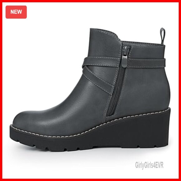 Black Wedge Heel Ankle Boots for Women with Round Toe  Wedge Ankle Boots Platform Lug Sole Buckle Side Zipper Booties